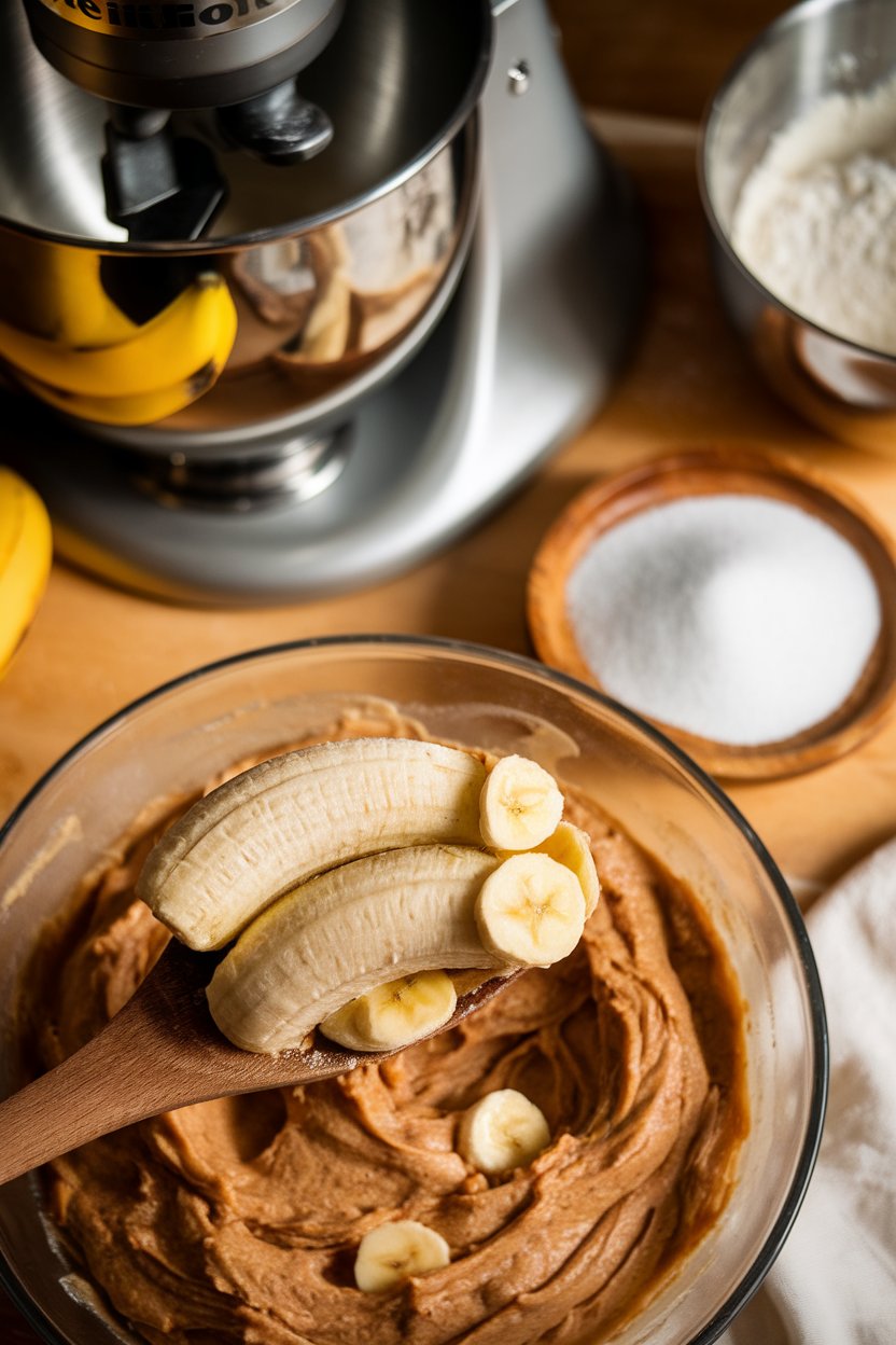 Indoor baking scene where mashed ripe bananas are being folded into muffin batter, with a dish of sugar set aside. Warm counter lighting, no text or logos.