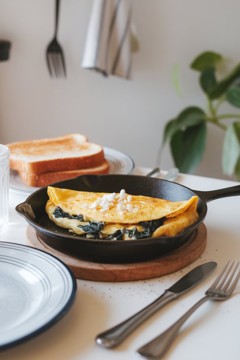 Indoor breakfast scene with a folded omelette oozing feta and wilted spinach on a small skillet. No visible branding or text.