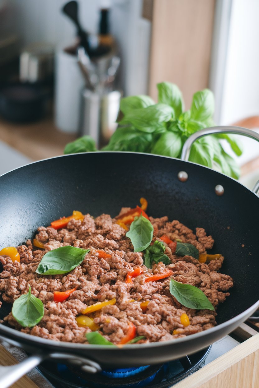 Indoor wok scene of ground turkey stir-fried with basil leaves, peppers, and a light sauce. No logos or text visible.
