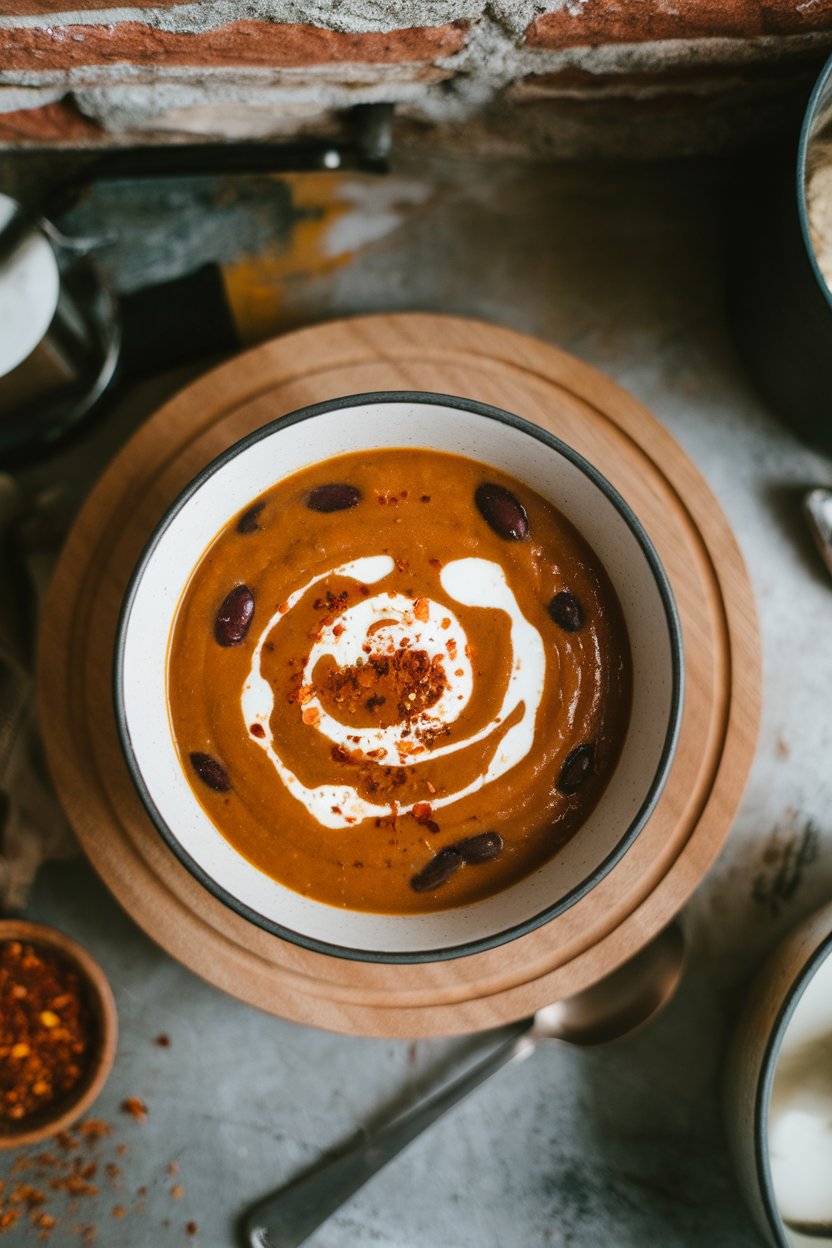 Indoor photo, overhead angle, bowl of pumpkin and black bean soup with swirl of Greek yogurt and sprinkle of chili flakes; no text or logos