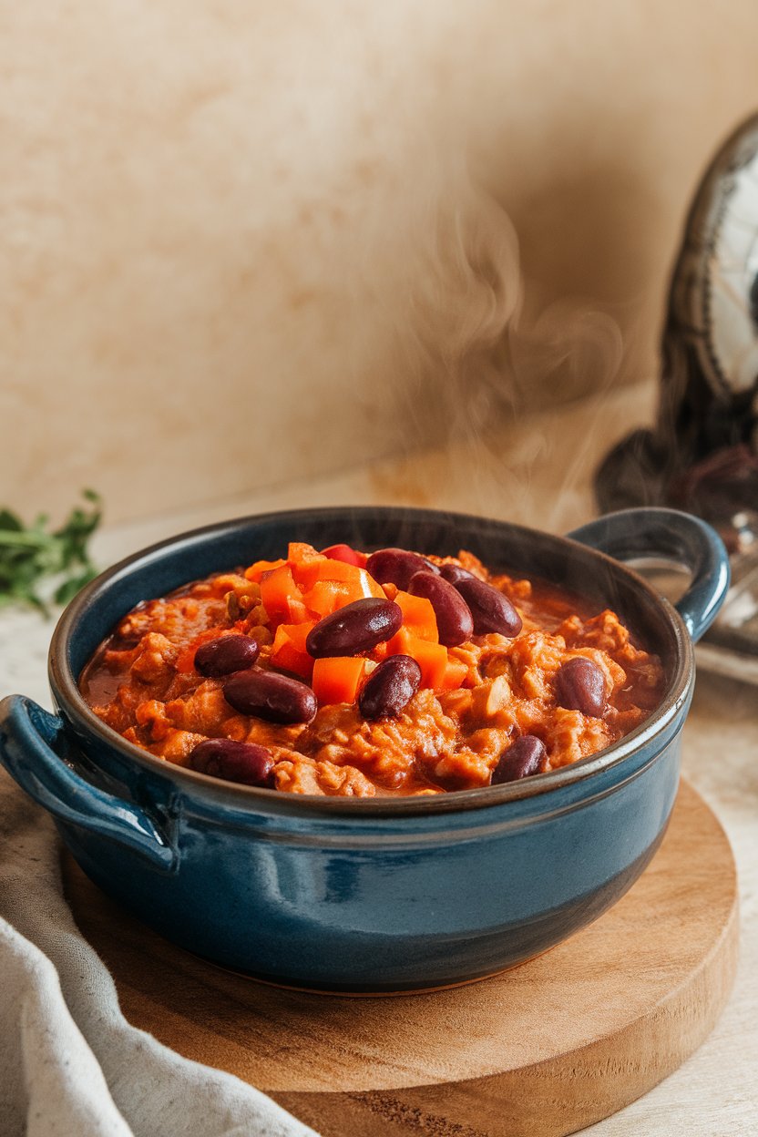 Photo of a ceramic bowl indoors filled with turkey chili, red kidney beans, and diced bell peppers, steam visible. No logos or text.