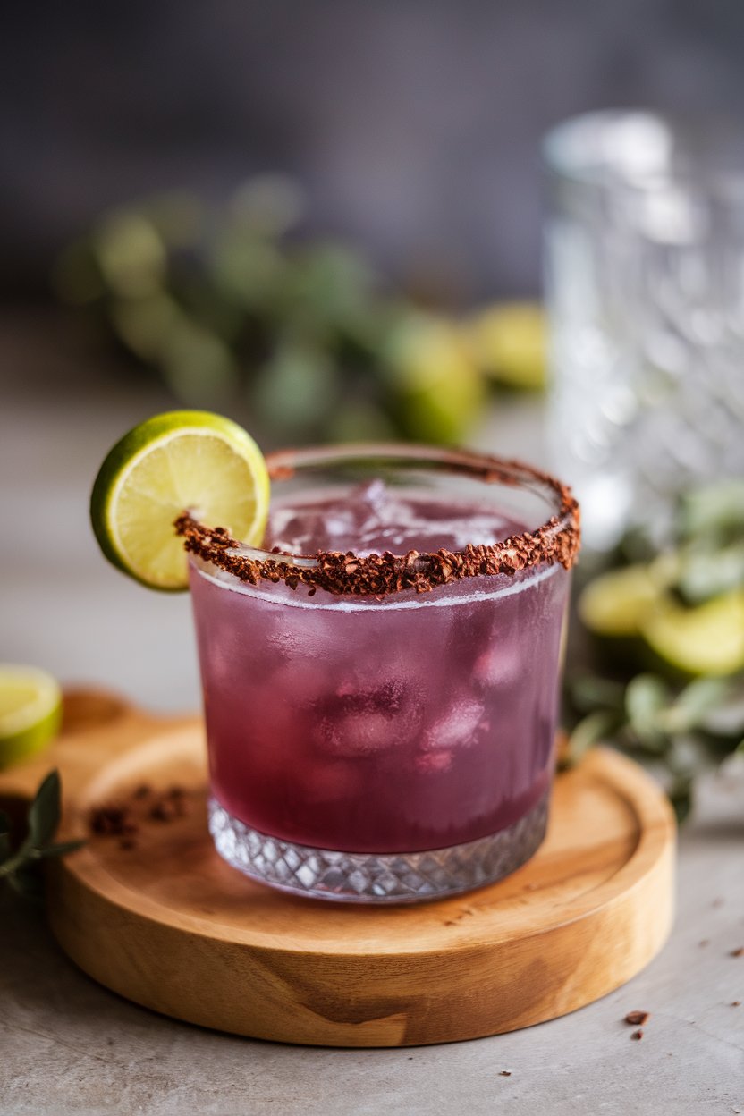 Indoor photo, rocks glass of purple margarita, cocoa nib-rimmed edge; no text or logos.
