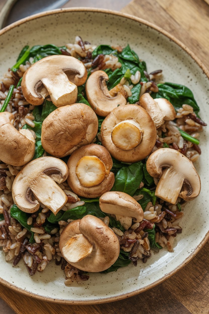 Photo of sautéed mushrooms scattered over a bed of wild rice and spinach on an indoor ceramic plate, no text or logos.