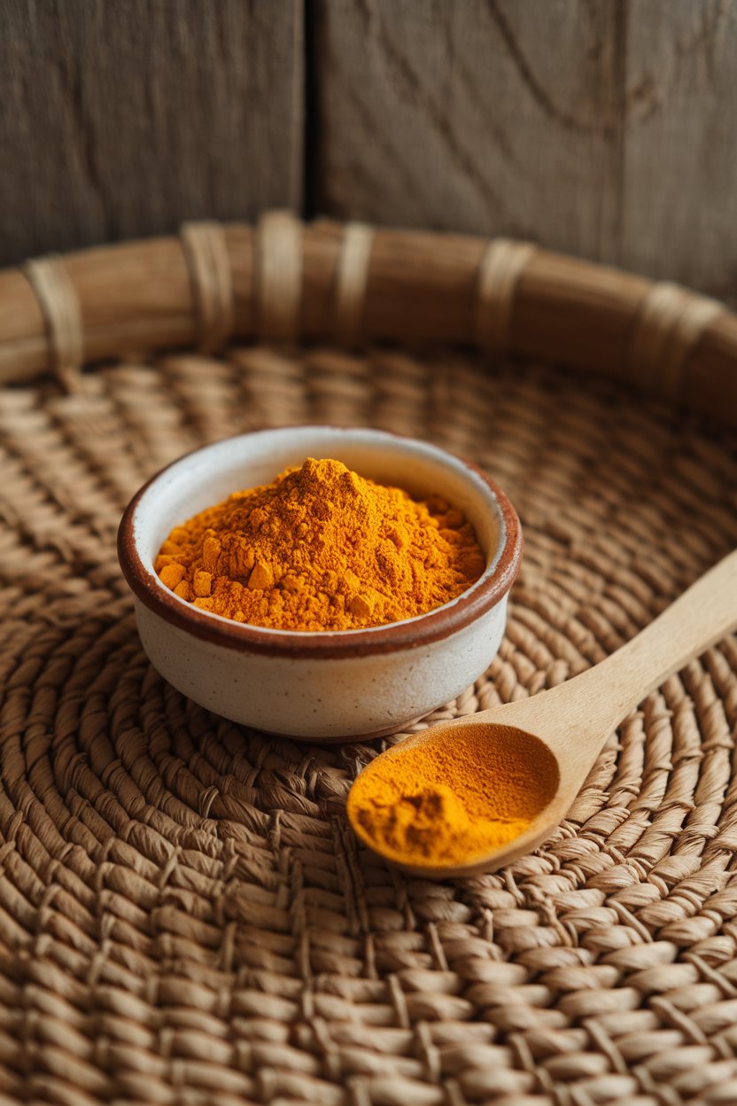 Indoor spice scene with a small ceramic dish of ground turmeric beside a wooden spoon dusted with the golden powder. No text or logos. Photo.