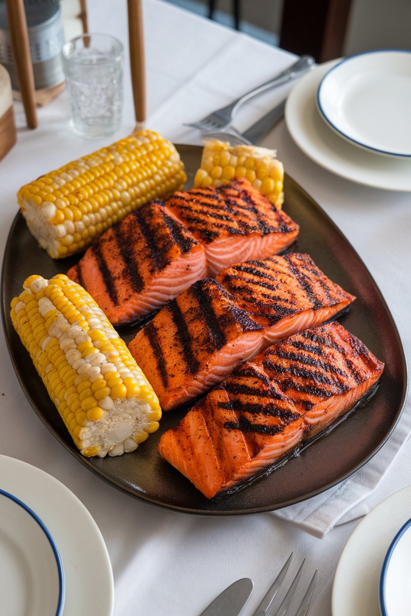 An indoor dining table with a platter of barbecue-spice-rubbed salmon fillets, grill marks visible, accompanied by corn on the cob. No logos or text anywhere.