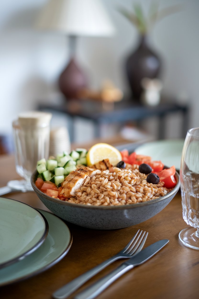 An indoor dining table featuring a bowl of cooked farro, diced cucumber, tomato, olives, grilled chicken, and a lemon wedge, no logos visible.