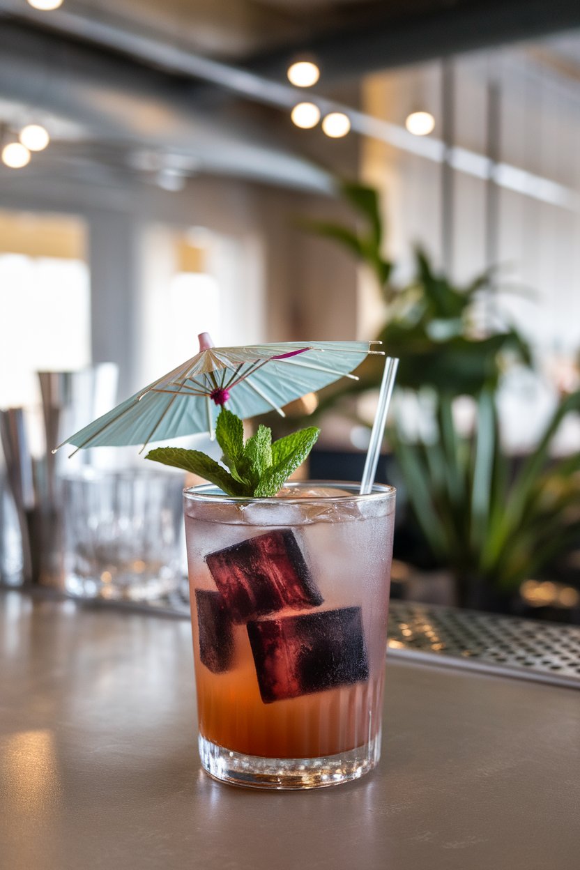 Photo of dark-purple shots with mint leaf, indoor bar; no logos present.