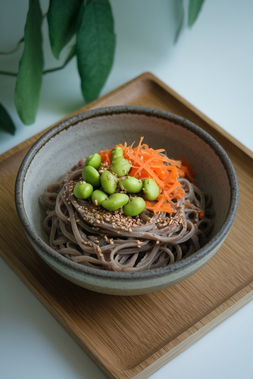 Indoor ceramic bowl of chilled soba noodles topped with shelled edamame, grated carrot, and sesame seeds; cool neutral lighting; photo, no text or logos.