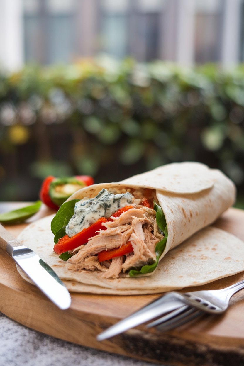 Indoor scene of a wrap containing shredded chicken, spinach artichoke yogurt spread, and roasted red peppers. No branding.