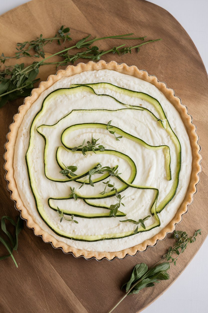 Overhead indoor image of zucchini ribbon quiche, green swirls against white ricotta custard, no text or logos.