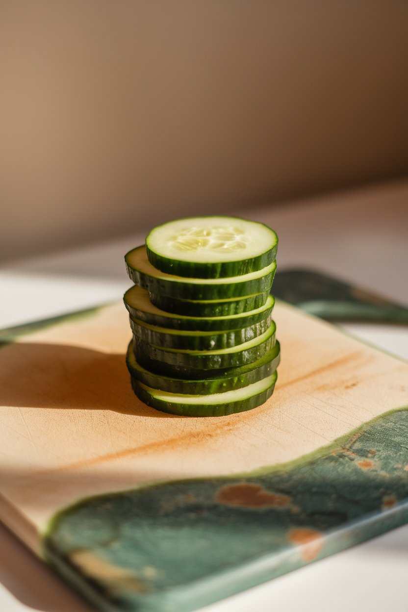 Photo of cucumber rounds neatly stacked on an indoor cutting board, gentle afternoon light, no text or logos