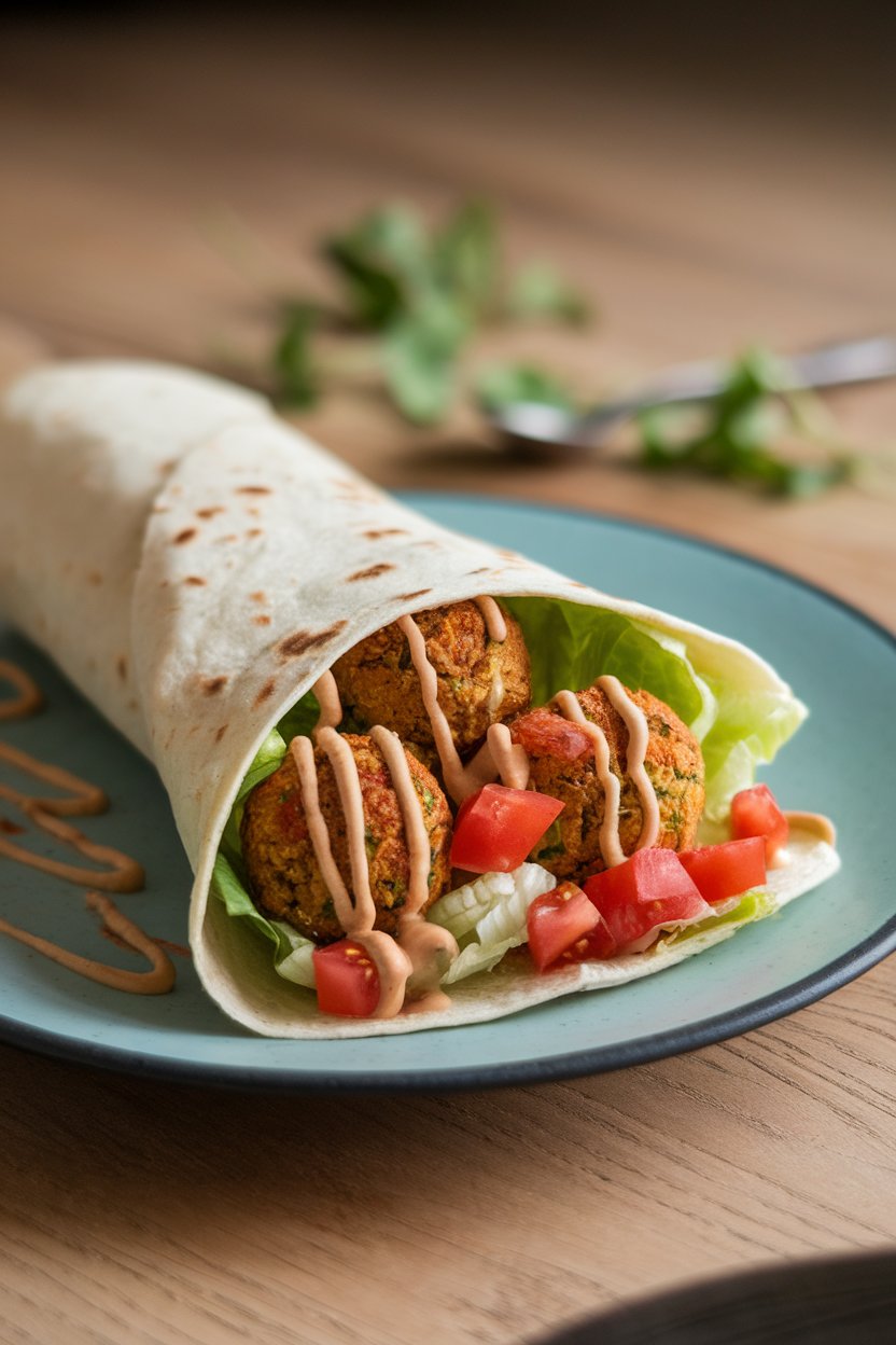 Indoor plate holding a wrap filled with baked falafel balls, romaine, diced tomatoes, and a drizzle of tahini sauce. No text or logos present.