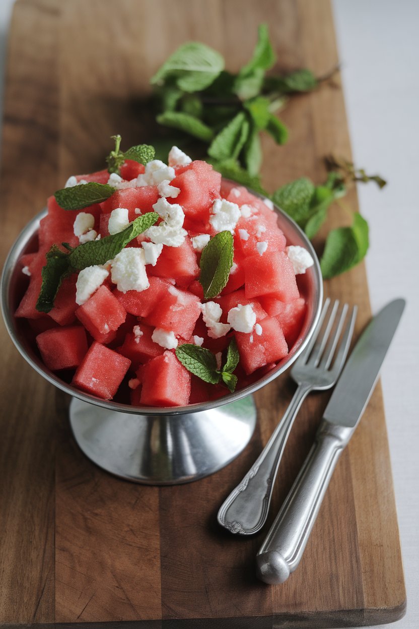 An indoor serving bowl with cubed watermelon, crumbled feta, and mint leaves, photo, no text or logos.
