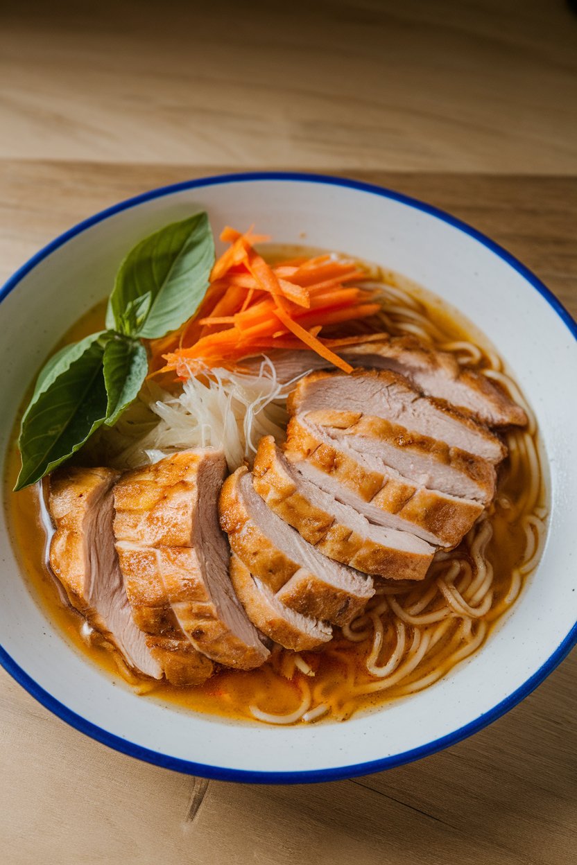 An indoor plate containing rice noodles, sliced grilled chicken, Thai basil leaves, and shredded carrot; no text or logos.