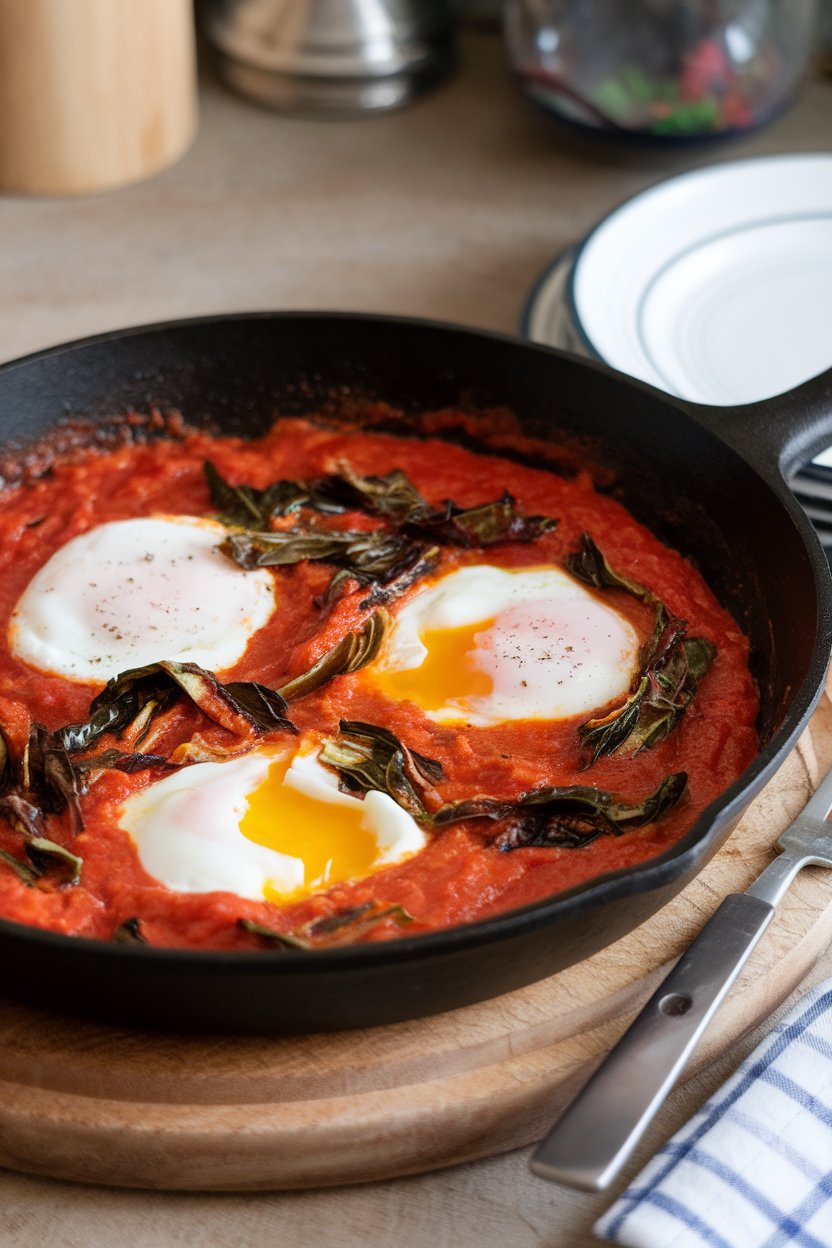 Indoor photo of a skillet of tomato sauce with poached eggs and Swiss chard ribbons, yolks just set. No text or logos.