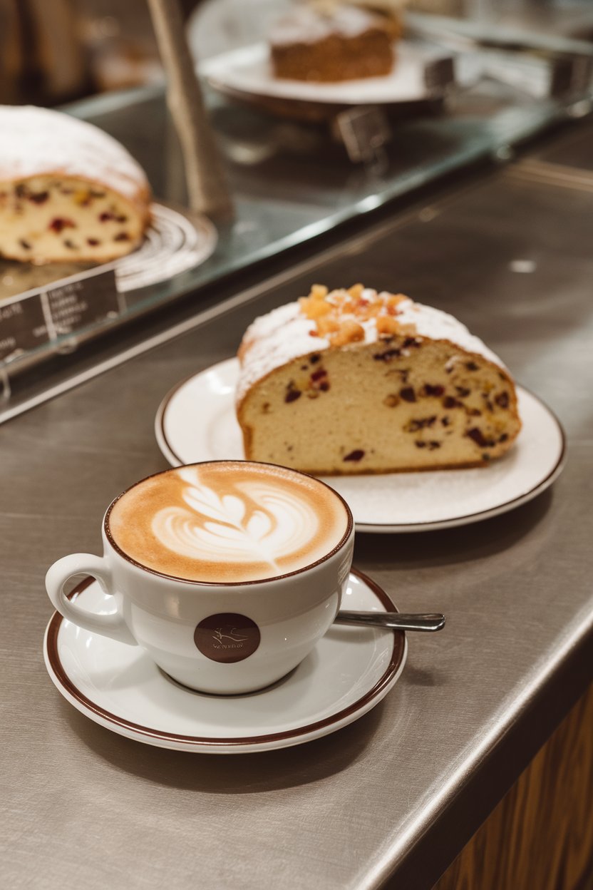 Indoor bakery counter displaying a latte beside a slice of stollen, foam dusted with powdered sugar and chopped dried fruit bits. No logos or text. Photo only.