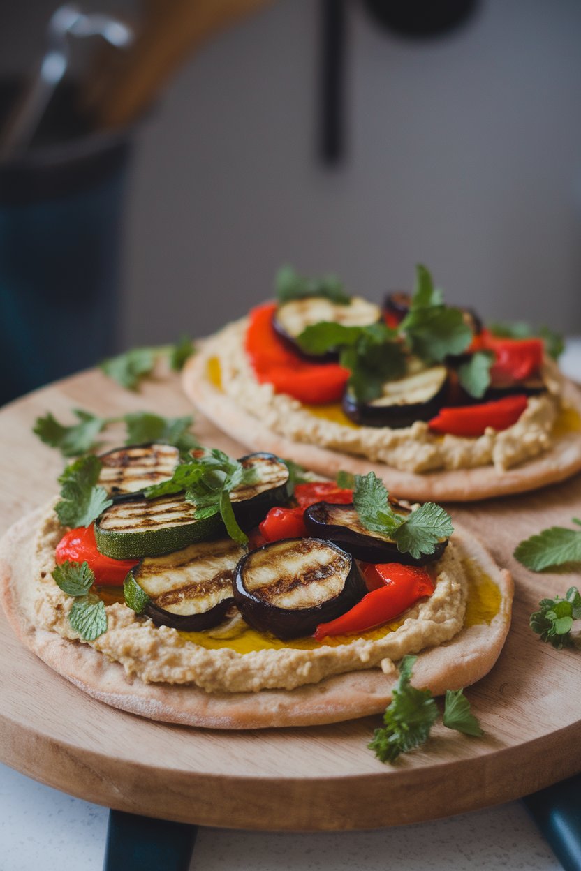 Indoor photo of a wooden board holding two flatbreads topped with hummus, grilled zucchini, eggplant, and red peppers, lightly drizzled with olive oil. No logos or text.