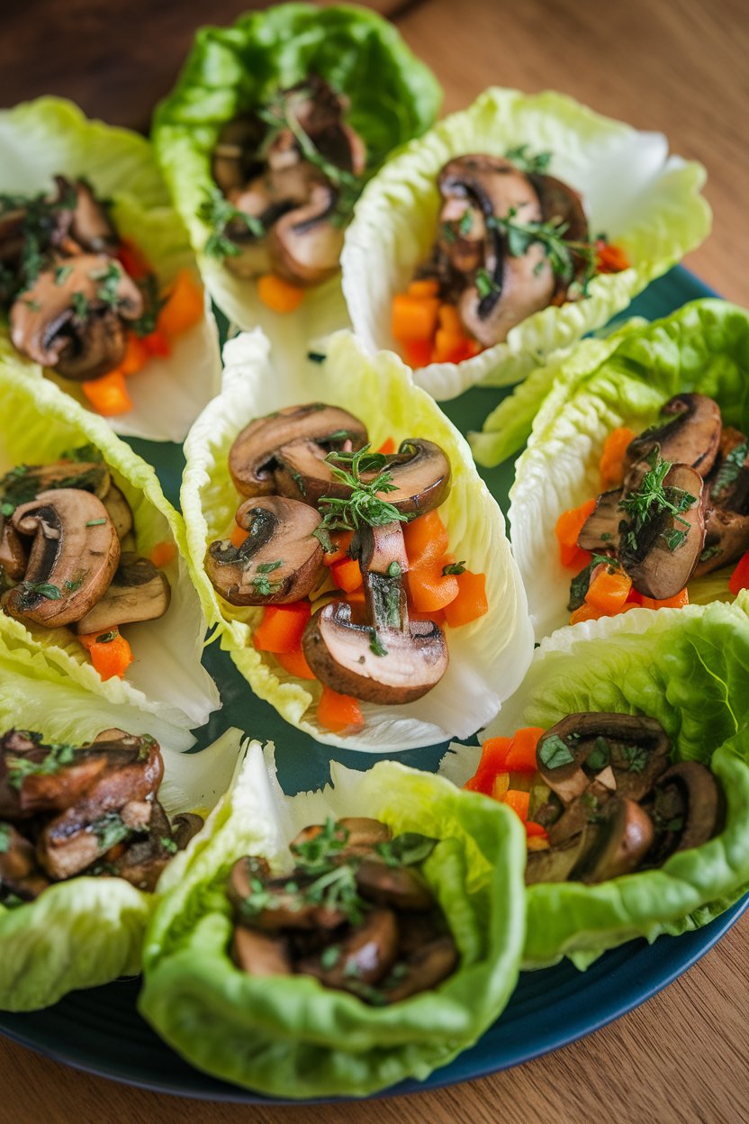 Indoor photo of butter lettuce leaves filled with sautéed herb mushrooms and diced bell peppers on a platter. No text or logos.
