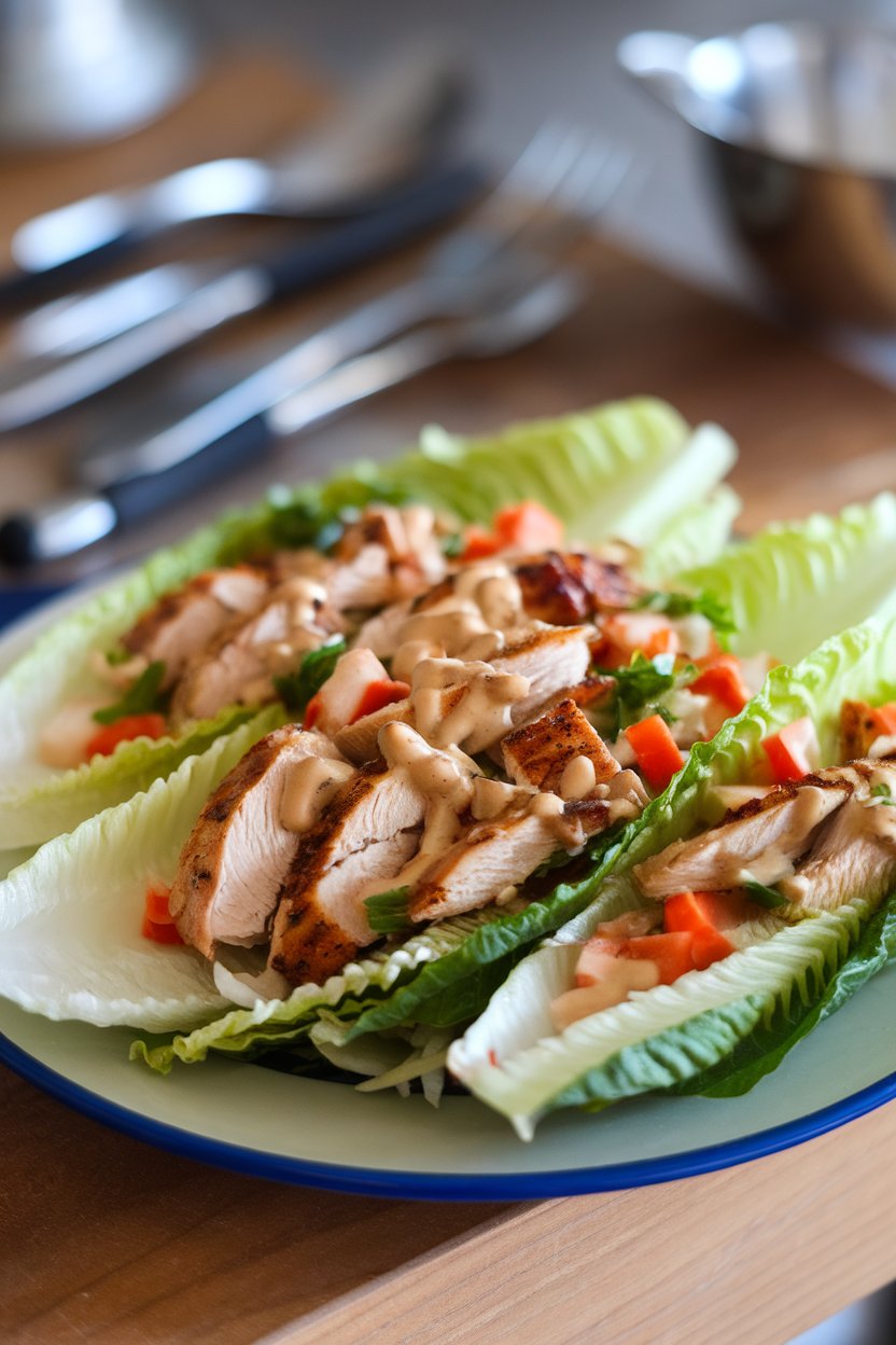 Indoor lunch plate photo featuring crisp romaine leaves filled with grilled chicken and diced veggies, no logos.