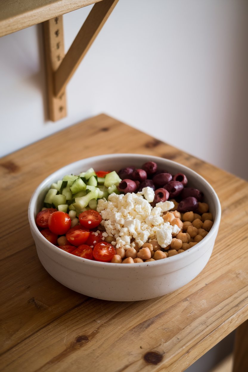 Photo of a white ceramic bowl filled with chickpeas, diced cucumber, cherry tomatoes, Kalamata olives, and crumbled feta on an indoor wooden table in soft daylight, no text or logos.