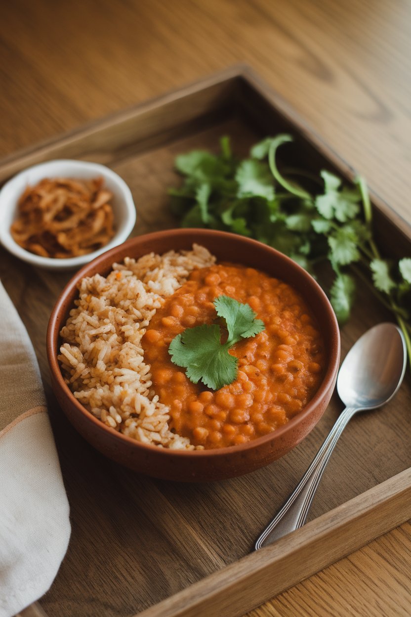 Warm indoor table setting featuring a bowl of orange-red lentil dahl garnished with fresh cilantro and served with brown basmati rice. No text or logos visible.