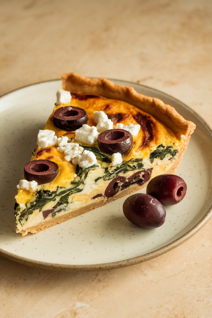Indoor countertop shot of a quiche slice dotted with black olives, spinach, and feta, no text or logos.