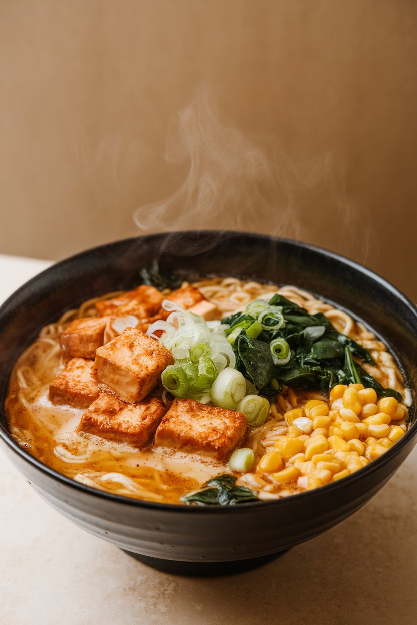 Indoor countertop shot of a deep bowl of ramen noodles in a miso broth, topped with seared tofu cubes, spinach, corn, and scallions. Steam rising; no text or logos.