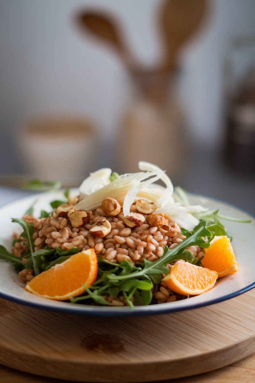 Photo prompt: Indoor salad plate featuring farro grains mixed with arugula, orange segments, shaved fennel, and toasted hazelnuts. No text or logos present.