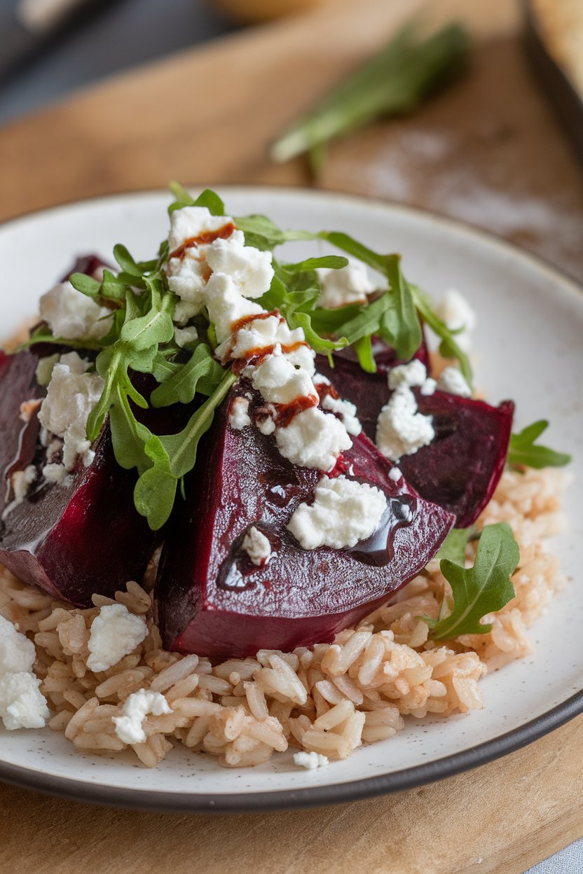 Indoor image of roasted beet wedges on brown rice with crumbled goat cheese, arugula, and balsamic drizzle. No text or logos.