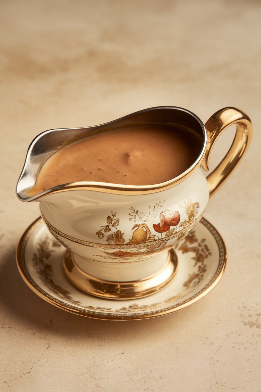 Indoor gravy boat filled with silky brown turkey gravy, placed on a small saucer, no branding. Photo only.
