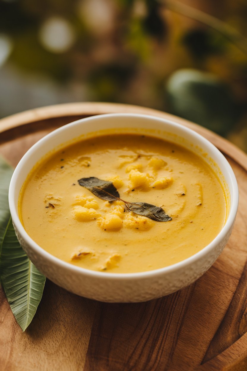 Indoor photo showing a bowl of creamy yellow cauliflower curry soup with curry leaf garnish; no text or logos