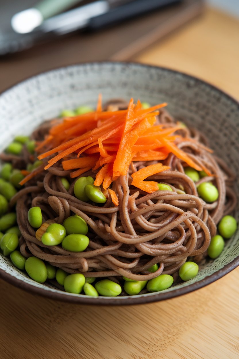 Indoor tabletop presenting a bowl of buckwheat soba noodles tossed with shelled edamame, julienned carrots, and a chili-lime sauce. No visible text or logos.