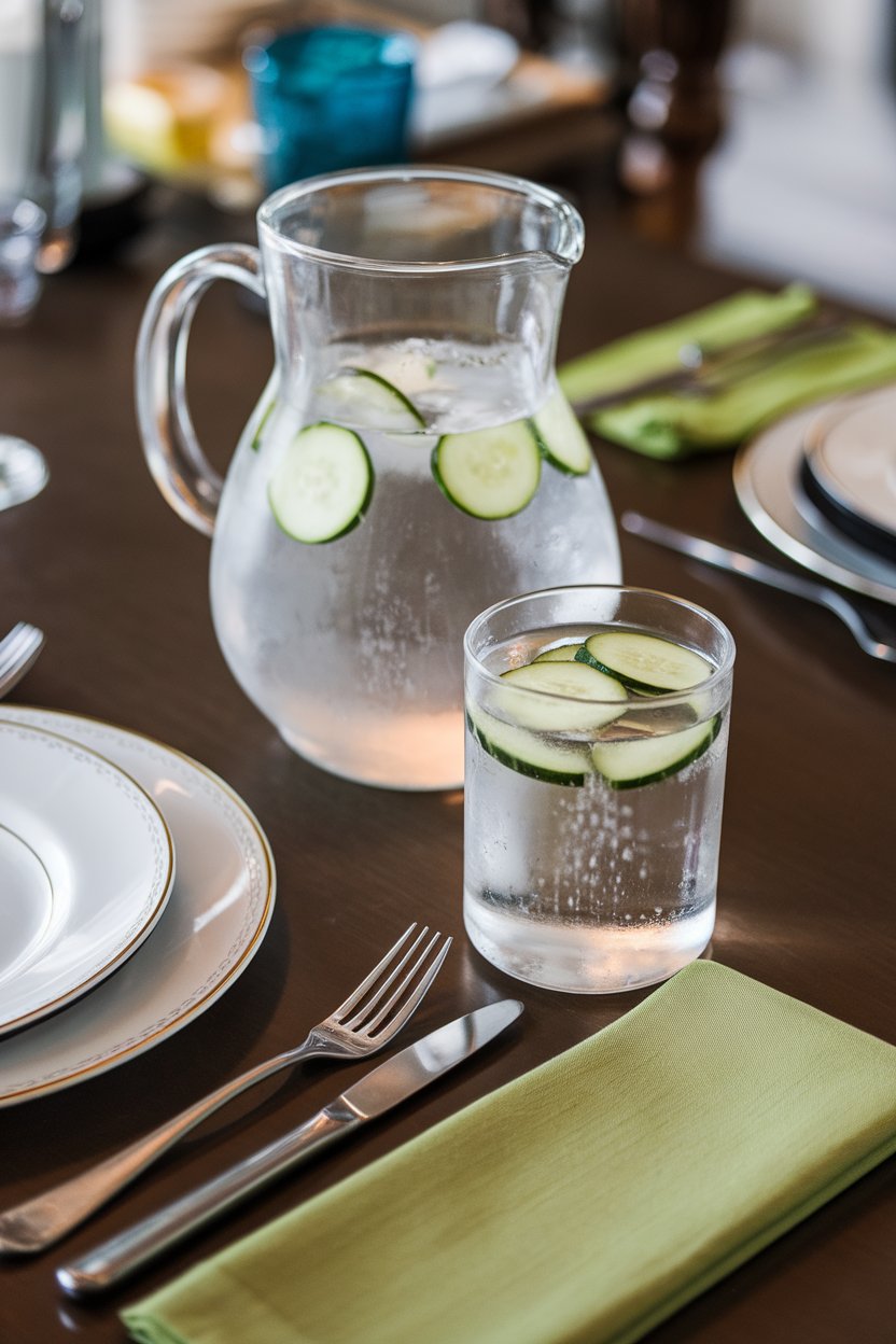 A clear glass pitcher and tumbler of chilled water with floating cucumber slices on an indoor dining table, no text or logos, photo only