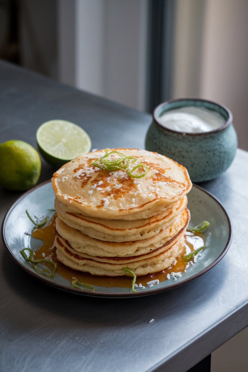 Indoor tabletop with coconut-flecked pancakes, lime zest scattered over, small pot of coconut yogurt on the side; no logos.
