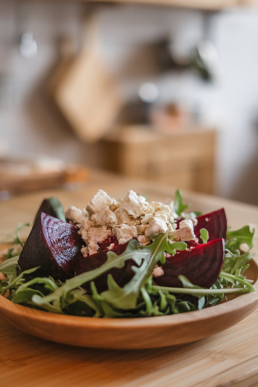 Indoor salad plate with roasted beet wedges, goat cheese crumbles, and arugula—no text or logos.