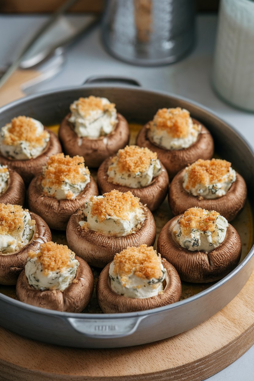 A baking dish of browned button mushrooms filled with herbed cream cheese and breadcrumbs, photographed indoors. No text or logos. Photo.