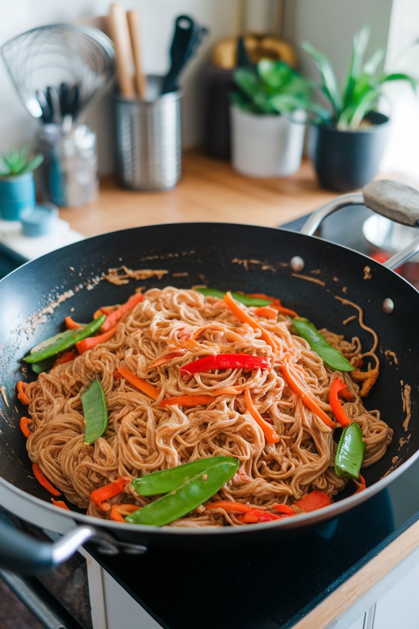 An indoor kitchen island showcasing a wok of rice noodles coated in creamy peanut sauce, dotted with bell peppers, carrots, and snap peas. No text or logos; photo, not illustration.