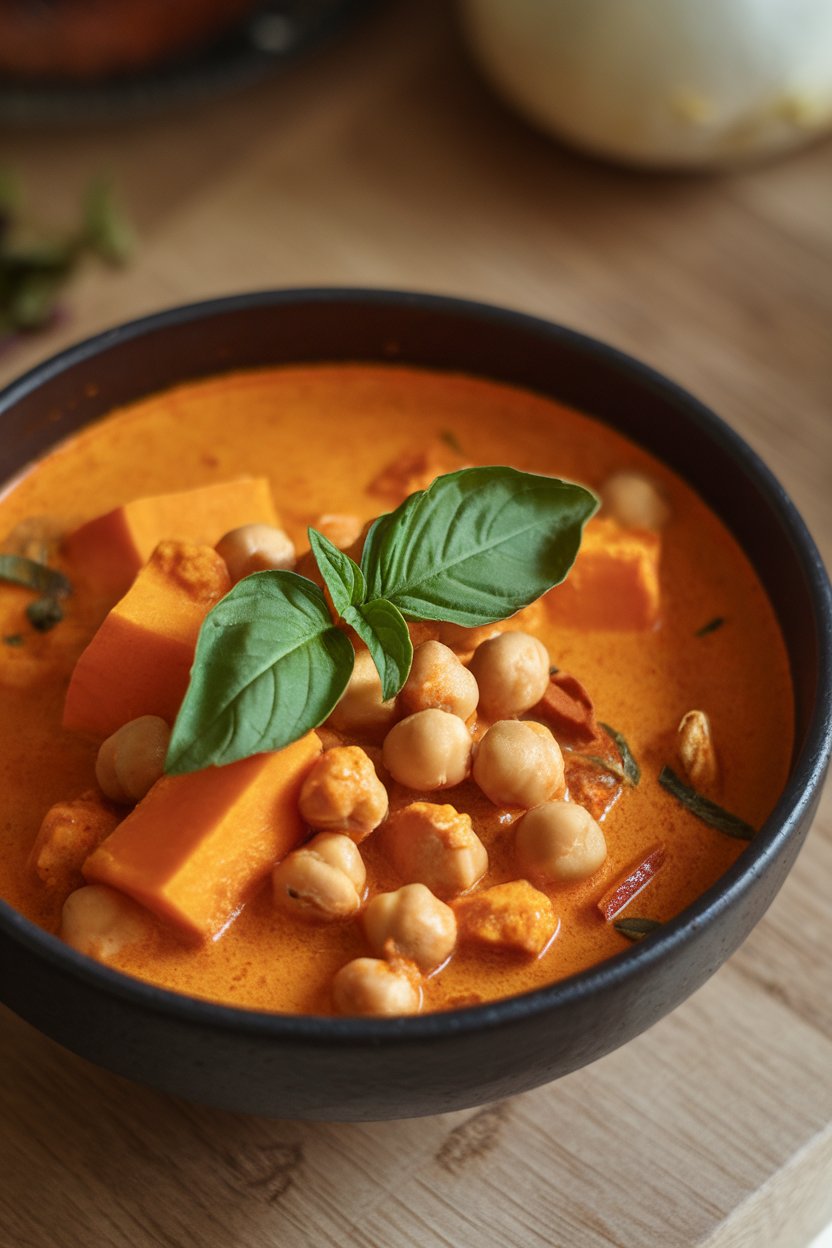 Indoor photo of red curry with chickpeas and butternut cubes in a bowl, Thai basil garnish, no text or logos
