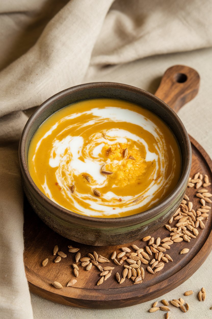 Indoor ceramic bowl of velvety golden cauliflower soup swirled with coconut milk, sprinkled with toasted cumin seeds. Photo only, no text or logos.