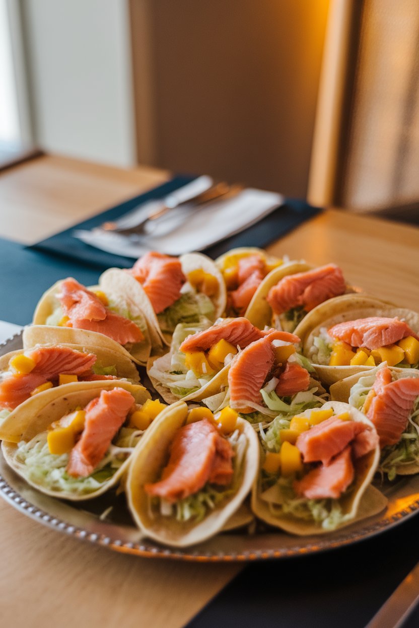 A platter on an indoor dining table holding small corn tortillas filled with flaky salmon, mango salsa, and shredded cabbage. No logos. Photo.