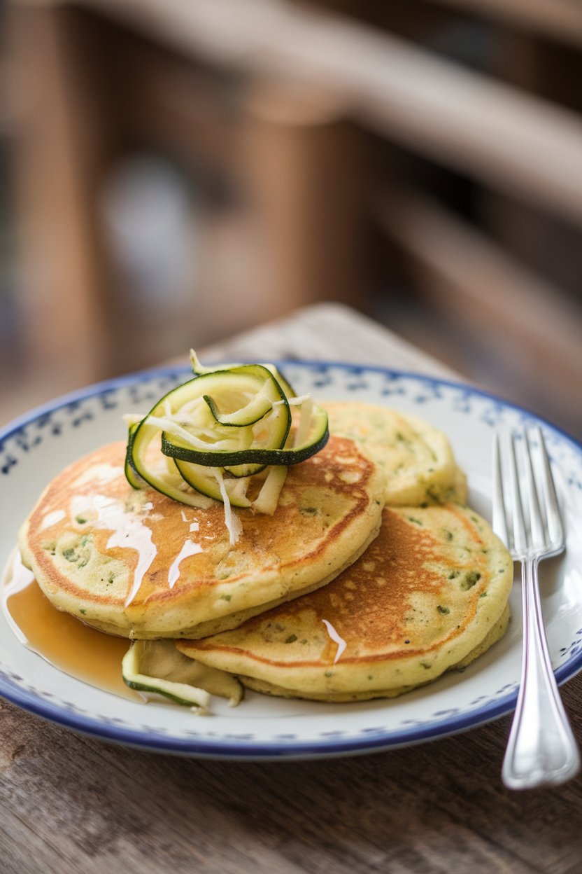Indoor breakfast plate featuring golden pancakes with visible green flecks, topped with shredded zucchini ribbons; photo only.