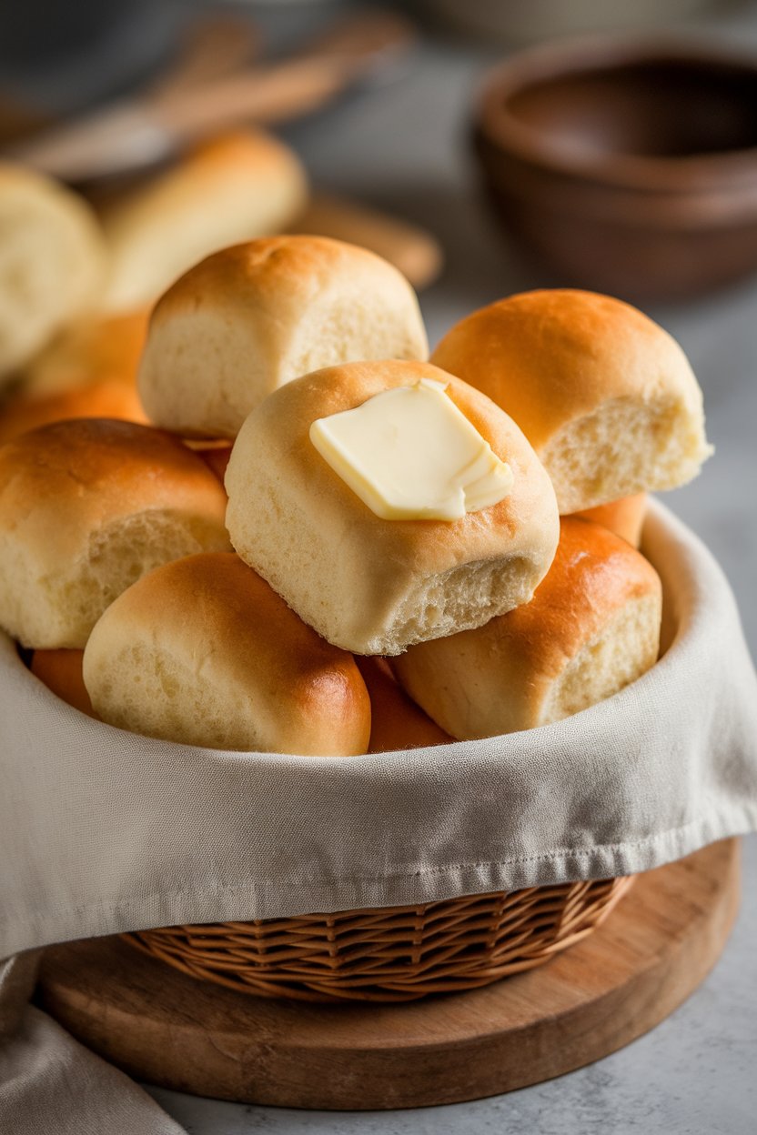A basket indoors lined with a linen napkin holding fluffy, golden dinner rolls, pat of butter melting on one—no text or logos. Photo.