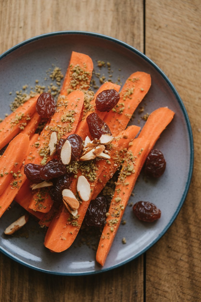 Indoor plate showing julienned carrots dusted with coriander and cumin, garnished with raisins and toasted almonds. No logos or text; photo.