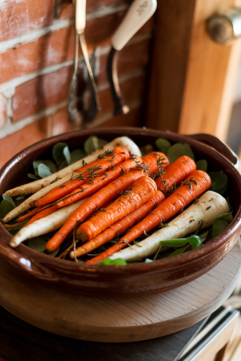 A rustic ceramic platter of roasted orange carrots and white parsnips glazed with herbs, indoors; no text or logos, photo only