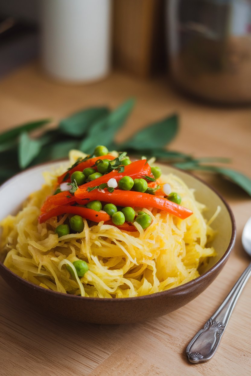 An indoor bowl of cooked spaghetti squash strands tossed with sautéed bell peppers, peas, and herbs. No text or logos. Photo, not illustration.