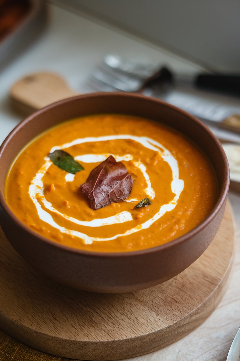 Indoor photo of orange lentil pumpkin soup with swirl of coconut milk and curry leaves on top; no text or logos