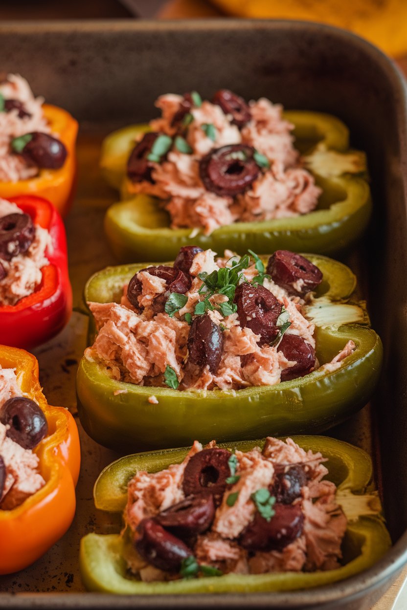 Baked bell pepper halves filled with tuna and olive tapenade mixture, cheese-free, resting on a baking dish; indoor lighting, no logos.