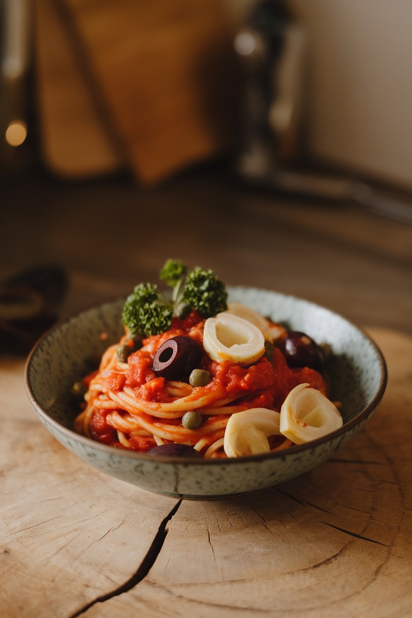 Photo prompt: Indoor pasta bowl featuring spaghetti tossed in tomato sauce with olives, capers, and sliced hearts of palm, parsley sprinkled. No text or logos.