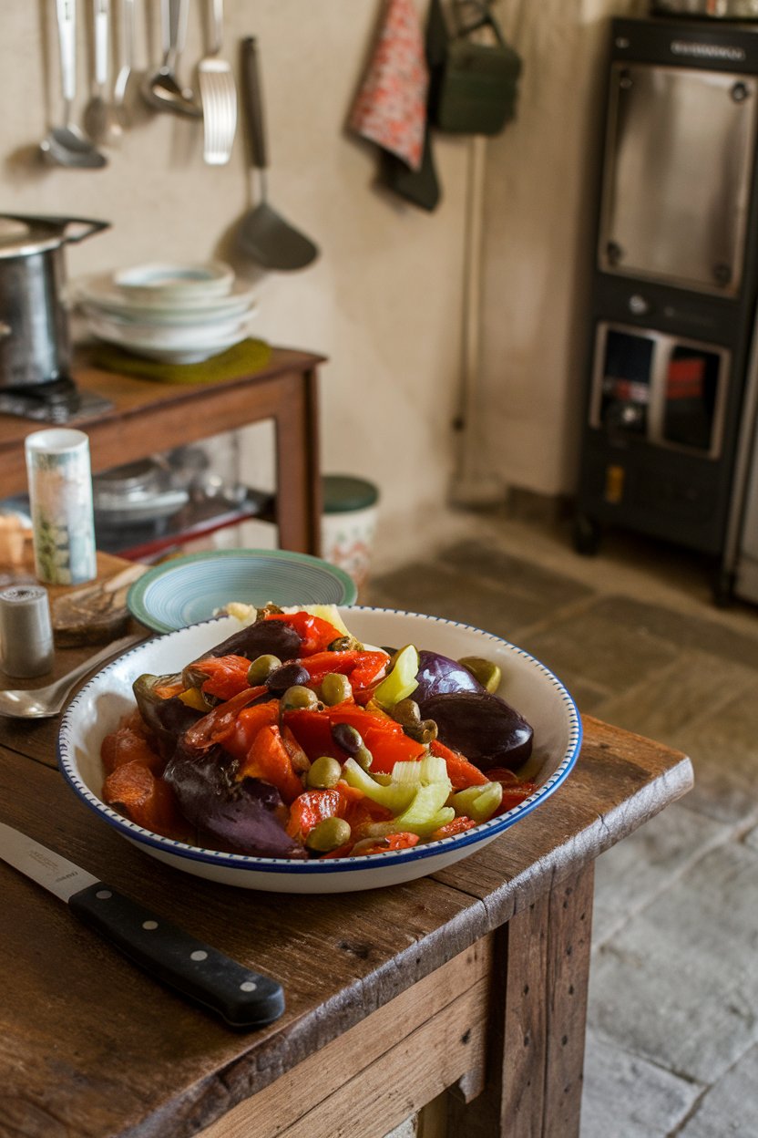 Indoor rustic Italian kitchen table featuring a bowl of sautéed eggplant, tomatoes, capers, olives, and celery in a sweet-sour glaze. Photo only, no text or logos.