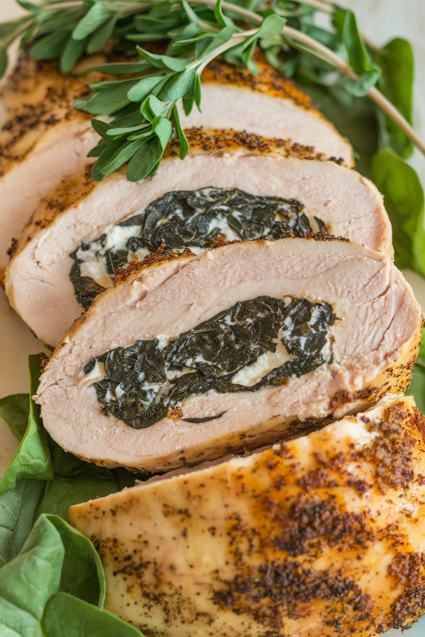 Indoor photo of sliced chicken breast revealing spinach ricotta filling, herbs on top, no text or logos.